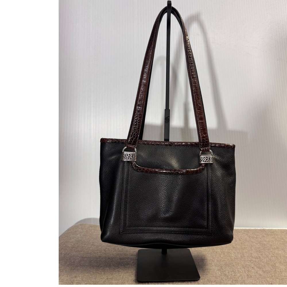 Brighton Leather Tote Bag Womens Black Brown Croc Trim Silver Hardware Classic